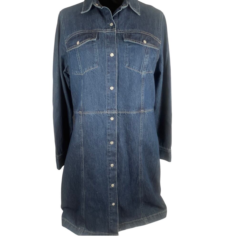 GAP Blue Denim Western Jacket Dress Women's Large Pearl Snaps Long Sleeve